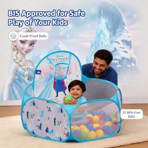 Image of Amazon Brand - Jam & Honey Disney Frozen Pop-Up Ball Pool Tent with 25 Balls & Basketball Hoop | Non-BPA Balls | Indoor & Outdoor Play Tent | 2+ Years