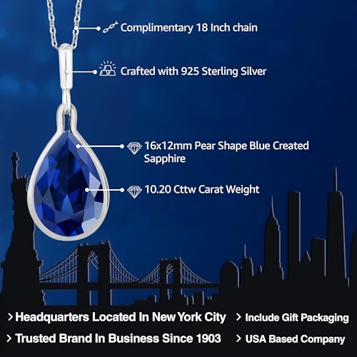 Gem Stone King 10.20 Cttw Blue Created Sapphire Teardrop Pendant Necklace For Women | 925 Sterling Silver | Pear Shape 16X12MM | With 18 Inch Chain2