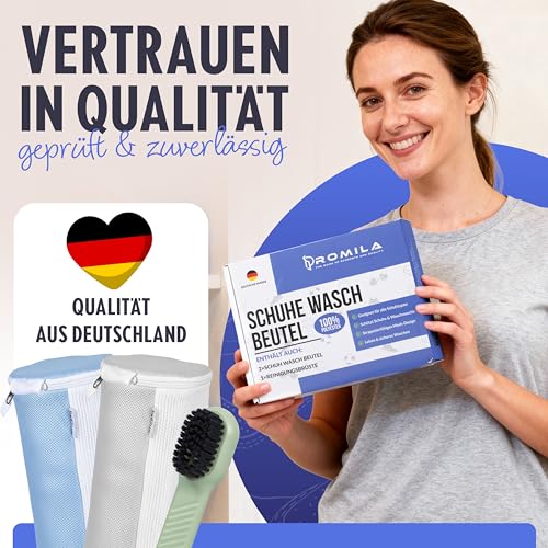 PROMILA- Schuhwaschbeutel Waschmaschine -3 teiliges Set- Schuhbeutel Waschmaschine in Grau/Blau-2XXL waschbeutel Schuhe & Reinigungsbürste-PROMILA wäschesack Schuhe ist Leise, Fusselnfrei,Top-Qualität