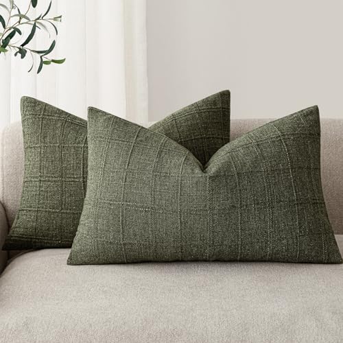 Image of Foindtower Set of 2 Decorative Linen Check Throw Pillow Covers Neutral Farmhouse Lumbar Cushion Covers Modern Boho Home Decor for Sofa Chair Couch Bedroom Living Room,12x20 Inch,Olive Green