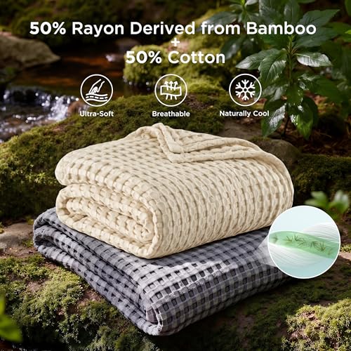 Image of Bedsure Cooling Waffle Rayon Derived from Bamboo King Blanket,104x90 Inches | Summer blanket for hot sleepers, Breathable lightweight cotton rayon derived from bamboo blanket for bed couch sofa, Natural