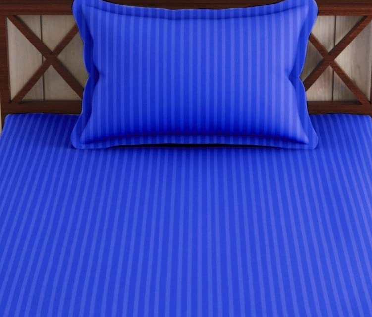 Image of Trance Home Linen 100% Cotton 72x30 inch Single Fitted 200TC Satin Stripe Elastic Fitted Bedsheet | Single Bed Size Daily use Fitted Bedspread with 1 Pillow Covers (72 inchx30 inch | 6x2.5 feet,Ink Blue)