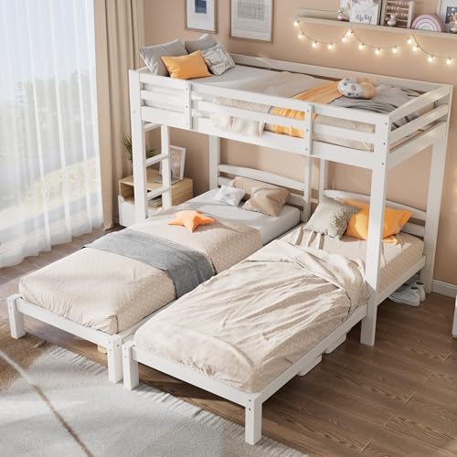 SOFTWEARY Etagenbett mit 3 Schlafgelegenheiten, Lattenrost, Rausfallschutz...