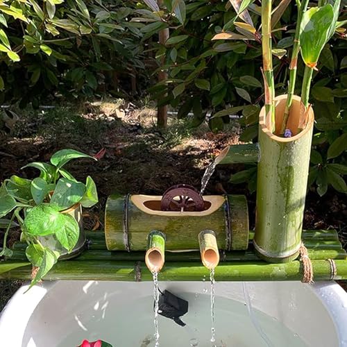 Handgefertigtes Bambus brunnen-Set, Zen Feng Shui Wasserspiel mit Drehendem Rad, Freistehende Gartendeko, Teichornament für Terrasse, Vogelbad, Balkon,...