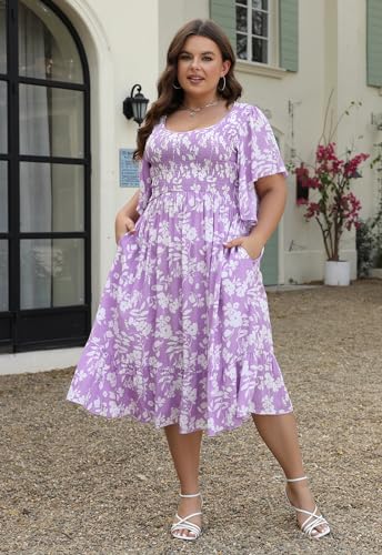 Image of Keluummi Plus Size Wedding Guest Midi Dress for Curvy Women, Summer Casual Boho Floral Empire Waist Party Dress with Pockets