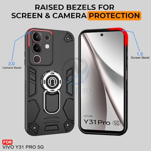Image of AESTMO Vivo Y31 Pro 5G 5G Back Case Cover | Tough Armor Bumper | Ring Holder & Kickstand in-Built | 360 Degree Protection Cover for Vivo Y31 Pro 5G (Black)