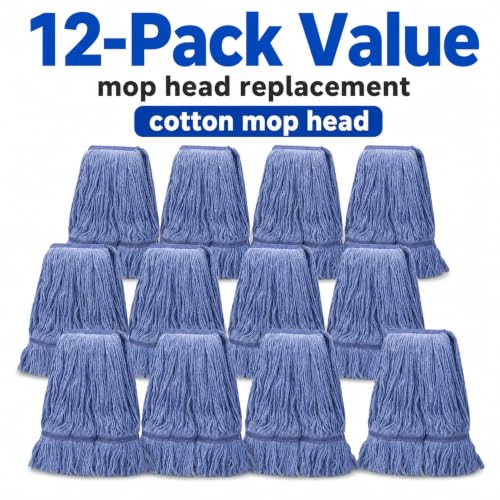 Image of 12 Pack Commercial Cotton Mop Head Replacement, Industrial Wet Mop Replacement Heads, Heavy Duty Loop-End Cotton String Mop Refill, Super Absorbent Floor Mop Head for Home, Garage & Commercial