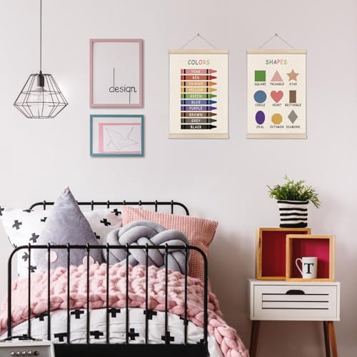 Image of Colors Shapes Posters Hanger Frame, Educational Posters for Toddler Kids, Set of 2 Montessori Nursery Wall Decor, Learning Artwork for Nursery Kids Room, Homeschool, Boho Classroom Decor 16x12 Inch