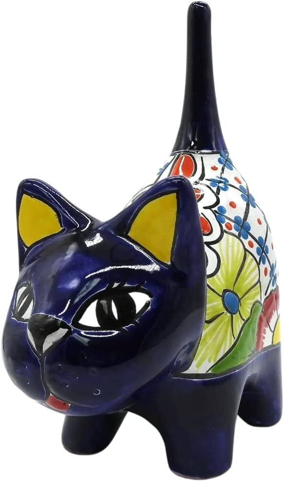 Kitten Small Tail Up Hand Painted Indoor Outdoor Multi Colored Figure Glazed (Puebla)