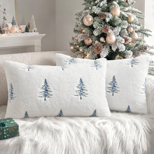 Image of MIULEE Christmas Lumbar Faux Fur Pillow Covers 12x20 Inch White Blue | Set of 2, Embroidered Christmas Tree Throw Pillows, Winter Couch Covers, Festive Home Decor for Sofa Bedroom Living Room
