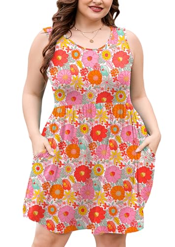 Image of AusLook Plus Size Summer Tank Dress for Women Casual Sleeveless Crewneck Pleated Babydoll Swing Sundresses with Pockets 1X-5X