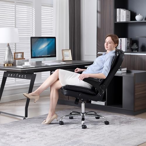 Office Desk Chair, Executive Leather Office Chair, High Back Ergonomic Home Desk Chair with Padded Flip-up Arms, Big and Tall Computer Chair with Rocking Function, 360°Swivel Free, Black - Image 3