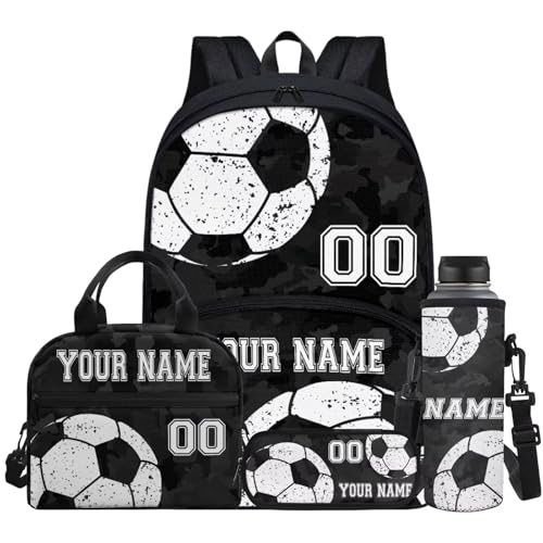 Soccer Ball Black Camo Custom School Backpack Set for Pre-School Kids Girls Boys Casual Book Bag Bookbag Lunch Box Water Bottle Bag Pencil Pen Bags Shoulder Crossbody Handbags, 4 Pcs