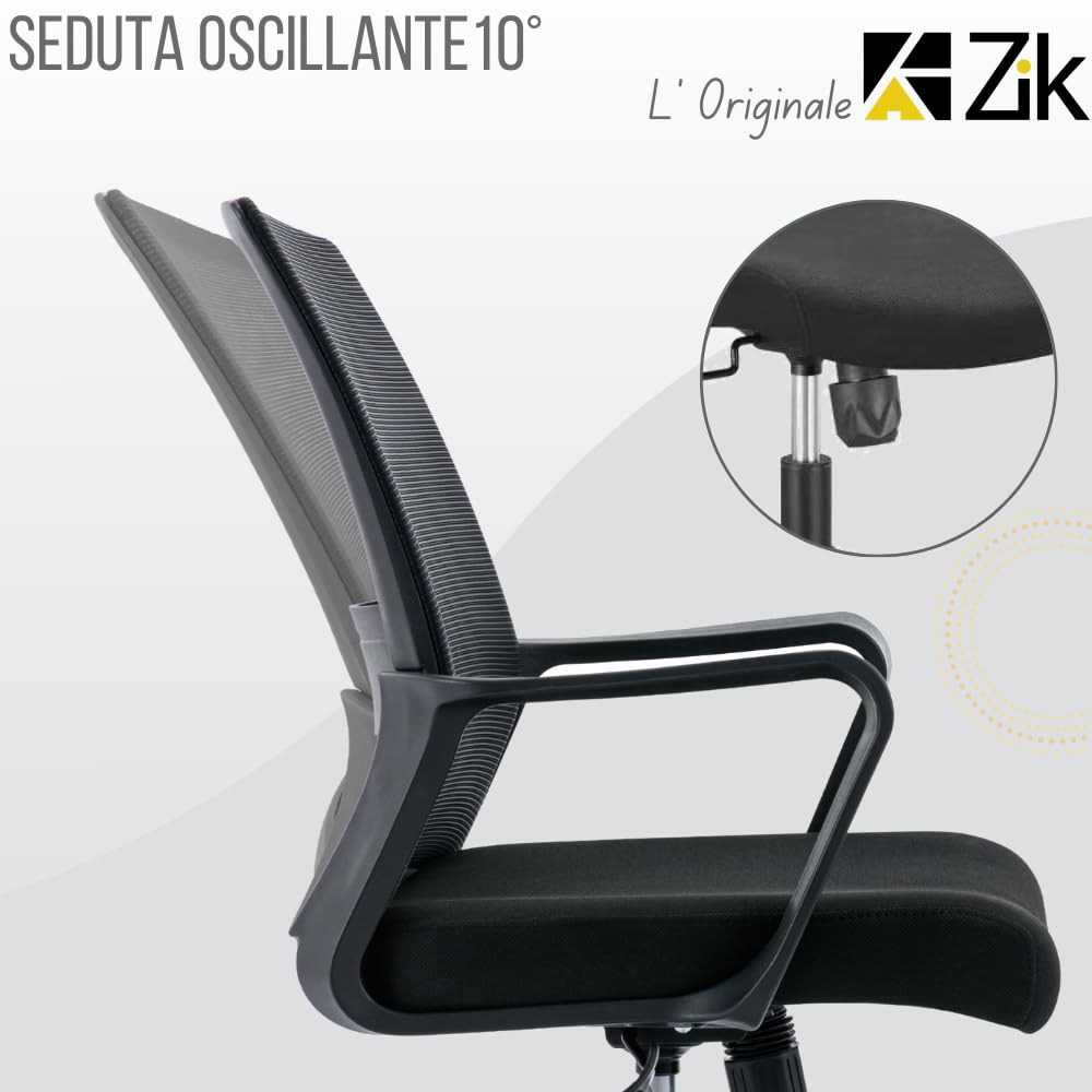 ZIK - Sedia da Ufficio Ergonomica Posturale, Poltrona Ufficio con Supporto Lombare, Sedia Comoda Scrivania con Rotelle, Braccioli, Regolabile in Altezza (45x51x94/100h (Black)
