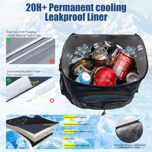Image of Backpack Cooler Insulated Leakproof, Soft Cooler for Outdoor Camping Hiking | 7.5x13x18in, leakproof liner, waterproof oxford, multi pockets, wine opener, for camping hiking picnic fishing