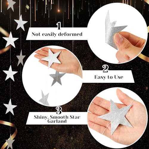 Image of Spakon 65 Feet Glitter Star Paper Garland Banner Hanging Decoration Star Streamers Double Side 2026 Graduation Decorations for Wedding Birthday Festival New Year Party Decoration (Glitter Silver)