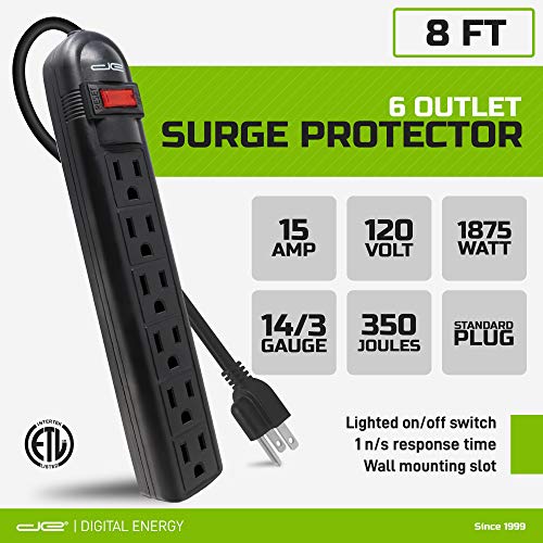Digital Energy 6-Outlet Surge Protector Power Strip with 8-Ft Long Extension Cord, Black, ETL Listed/UL Standard