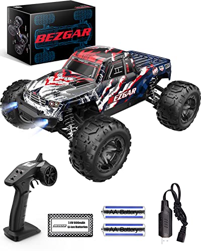 BEZGAR HM161 Hobby Grade 1:16 Remote Control Truck, 4WD High Speed 40+ Kmh All Terrains Electric Toy Off-Road RC Monster Vehicle Car Crawler with Rechargeable Battery for Boys Kids and Adults
