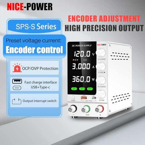 Image of NICE-POWER DC Power Supply Variable 120V 3A, Adjustable Regulated DC Bench Power Supply with OCP /OVP /Encoder /Output Switch, Benchtop Lab Power Supplies PSU with USB-A and Type-C Fast Charge (White)