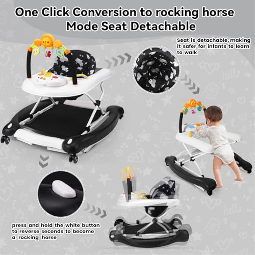 Image of Baby Walker, 5 in 1 Baby Walkers for Boys Girls 6-12 Months, Foldable Walkers for Babies with Bouncer & Feeding Tray, Music, Adjustable Heights, Activity Walker for Infant