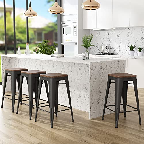 Set of 4 Andeworld Metal Bar Stools with Wooden Seats for Industrial Counter Height - 24 inch
