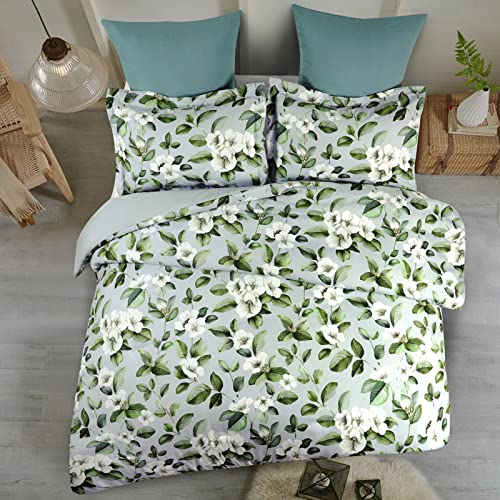 Lifeety 3Pcs Full/Queen Green White Leaf Flower Botanical Comforter Set Soft Microfiber Bedding Set For All Season With 2 Shams #TOP2