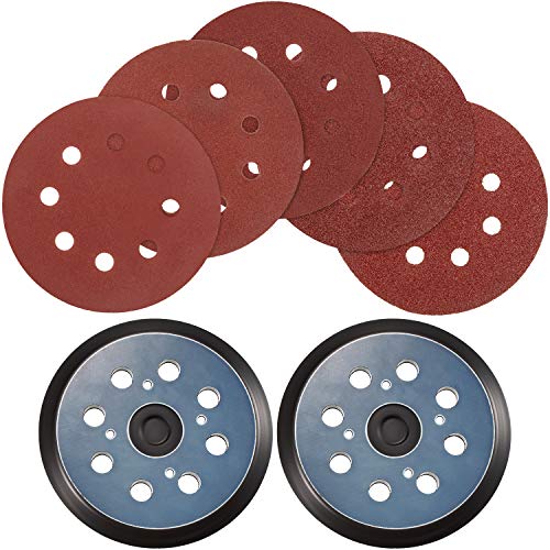 2 Pieces Sander Pad Replaces 5 Inch 8 Hole Hook and Loop Orbital Sanding Pad with 30 Pieces Sanding Discs Sandpaper 60 80 120 150 220 Grits Compatible with Ryobi, Milwaukee, Craftsman (Black and Red)