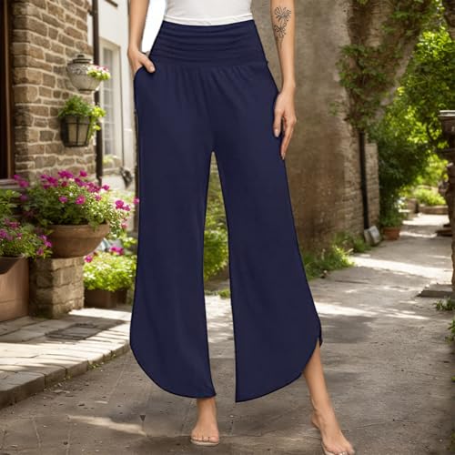 Women High Waist Casual Pants Loose Wide Leg Straight Cropped Tros Elastic Comfort Stretch