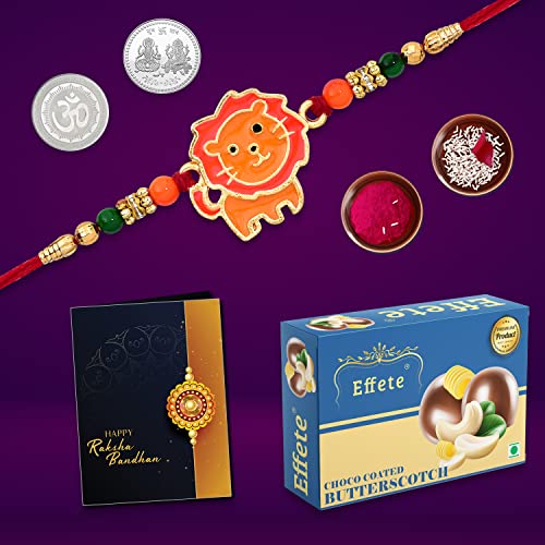 Image of DeoDap (K1 302 BS32) Multicolor Lion Rakhi Combo with Effete Chocolate Butter Scotch 32gm, Silver Color Pooja Coin, Roli Chawal & Greeting Card, Occasion, Rakhi for brother with gift, chocolate gift pack, rakhi with Chocolate Gift Hemper, Bracelets for men, Set of 1 Rakhi