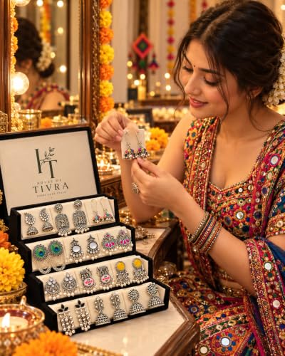 12 Pairs Oxidised Earrings Set for Women & Girls with Foldable Jewellery Organizer Box | Jhumka, Chandbali, Ethnic, Boho & Traditional Earrings | Dussehra, Diwali, Eid, Navratri, Wedding - Image 4