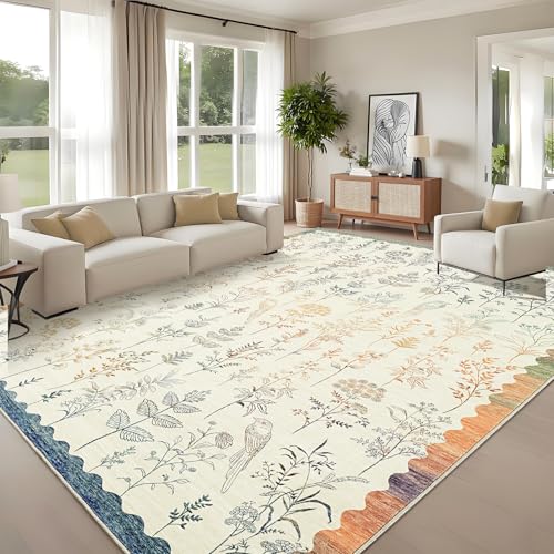 GarveeHome Washable 9x12 Area Rugs for Living Room Scalloped Floral Bedroom Rug, Non-Slip Stain Resistant Dining Table Carpet, Botanical Large Rug Carpet for Farmhouse Dorm Home Office,Beige