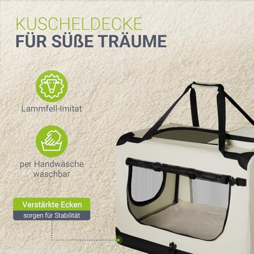 Juskys Hundetransportbox Lassie M faltbar & tragbar 42x60x44 cm mit Decke, Tasche & Griffen - Faltbare Transportbox für Hunde, Katzen & Haustiere - Oxford Stoff Hundebox Auto Hundetasche - Beige