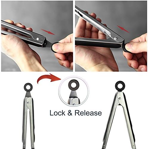 Kitchen Tongs 9 inches & 12 inches Stainless Steel Cooking Tongs Kitchen Silicone Serving Tongs Heat Resistant Meat Turner Spatula Tongs with Locking Handle Joint, Black
