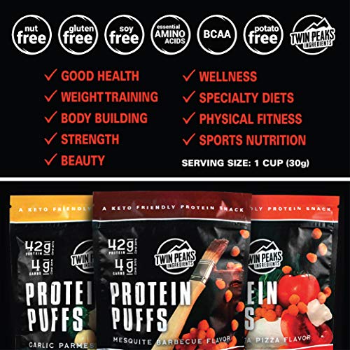 Twin Peaks Low Carb, Keto Friendly Protein Puffs, Mesquite Barbecue/Garlic Parmesan/Margherita Pizza, 2 Servings, 3 Pack (60g, 42g Protein, 4g Carbs