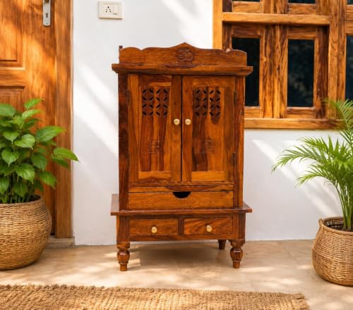 Image of Wudniture Premium Solid Sheesham Wood Pooja Mandir for Home, Office, Living Room & Prayer Room | with Doors, Drawer & Storage Shelf and Legs | Traditional Design | Honey Finish(Aaradhya Temple)