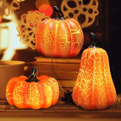 ZZXLOPEZ Abóbora para Halloween, abóbora decorativa de outono, com pilhas, conjunto de decoração de outono para carnaval, Natal, festival de colheita e decoração (3 unidades)
