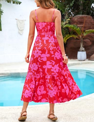 Image of Kranda Women 2026 Summer Sundress High Waist Tie Front Spaghetti Strap Long Beach Floral Tiered Maxi Dress with Pockets