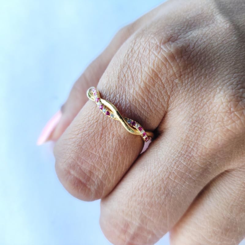 Alternate Red Ruby & White Diamond Twisted Full Eternity Ring For Women, 14k Gold Finish Ruby Swirl Wedding Band, Ladies Crossover Anniversary Band