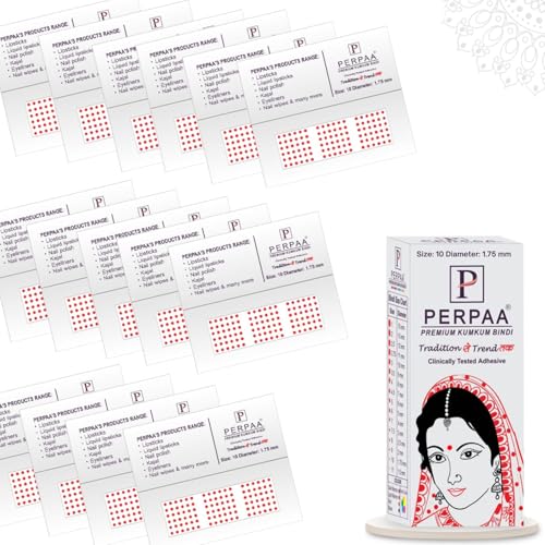 Image of PERPAA Kumkum Velvet Round Sticker Bindi Box of 15 Flaps for Ladies Women Forehead Bindi (Stick On) (Size 10, Diameter 1.75mm, Red)