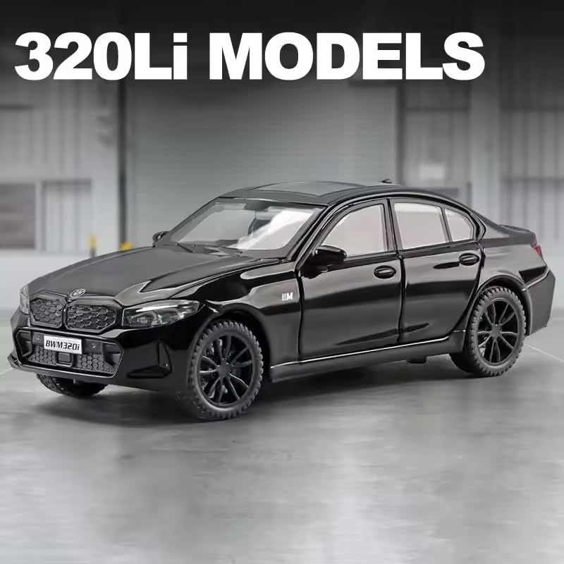 Image of 1:32 Scale B-M-W 320i Alloy Die-Cast Car Model with Door-Activated Light & Sound | Openable Doors, Hood & Trunk | Metal Toy Car for Kids & Collectors (No Pull Back) (Black Color)