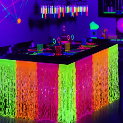 Image of Mega-L Glow in The Dark Party Supplies, Neon Wavy Table Skirts, 4 Pack | Fluorescent Colors, Neon Table Cloths, Glow Party Supplies for Birthday, Halloween, Graduation, New Year Decor