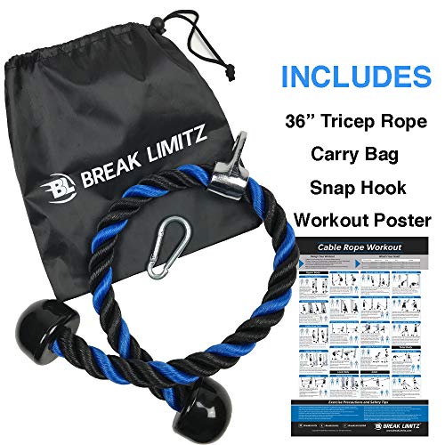 Blue Tricep Rope Pull Down & Poster Set | 27 or 36 Inch Heavy Duty Nylon Rope, Chrome Cable Attachment | Professional or Home Gyms | Includes Workout Poster, Snap Hook, Bag 5 Blue Tricep Rope Pull Down & Poster Set | 27 or 36 Inch Heavy Duty Nylon Rope, Chrome Cable Attachment | Professional or Home Gyms | Includes Workout Poster, Snap Hook, Bag - Image 5