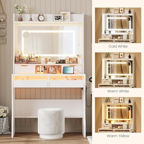 GarveeHome Vanity Desk with Mirror and Lights, Small Makeup Vanity Desk with Power Outlet&Glass Top, 3 Lighting Modes Brightness Adjustable, Bedroom Dressing Table with 7 Color Light Drawers, White