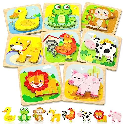 Image of Tonberless Wooden Puzzles Toddler Toys for 1 2 3 Year Old Boy Girl Gifts, Montessori Preschool Educational Learning Toys for 1 2 Year Olds as Christmas Birthday Gifts, 8 Packs Animal Toddler Puzzles