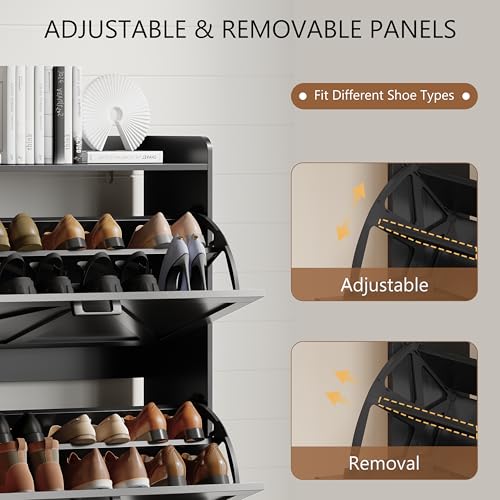 Image of Shoe Cabinet with 3 Flip Drawers, Freestanding Hidden Shoe Storage Organizer for Entryway, Narrow Slim Shoe Rack Cabinet with Open Storage & Hooks for Front Door Entrance, Living Room, Hallway, Black