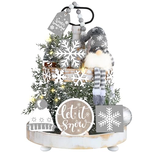 Soaoo 16 Pcs Winter Tiered Tray Decor Snowflake Rustic Gnome