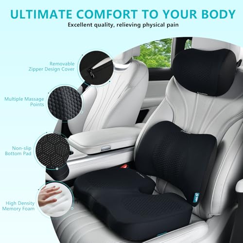 Image of FLORICH 3 PCS Seat Cushion for Carseat Lumbar Support Pillow Car Neck Headrest Pillows Memory Foam Gel Memory Foam Massage Point Seat Pads Pressure Relief Back Cushion for Office Chair(Black)