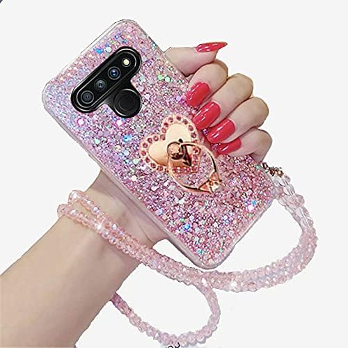 Accgoal for LG Stylo 6 Case,Glitter Sparkle Bling Case for Girly Women,Rhinestone Heart Ring Holder Stand with Chain Neck Strap Bumper Protective Cover for for LG Stylo 6