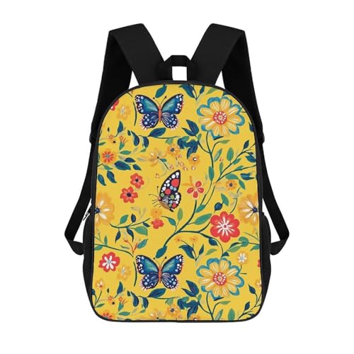 Colorful Butterfly and Flowers 17 Inch Backpack Classic Travel Daypack with Adjustable Shoulder Straps for Men Women
