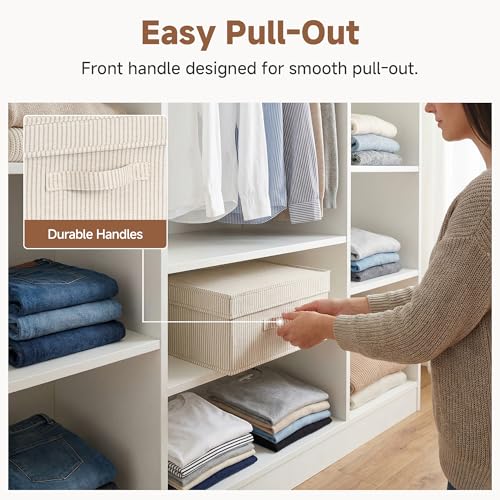 Image of StorageWorks Storage Bins with Lid, Decorative Fabric Storage Bins with Handles, Stackable Closet Organizers for Shelves and Bedroom, Small, Khaki and Beige Stripes, 2-Pack